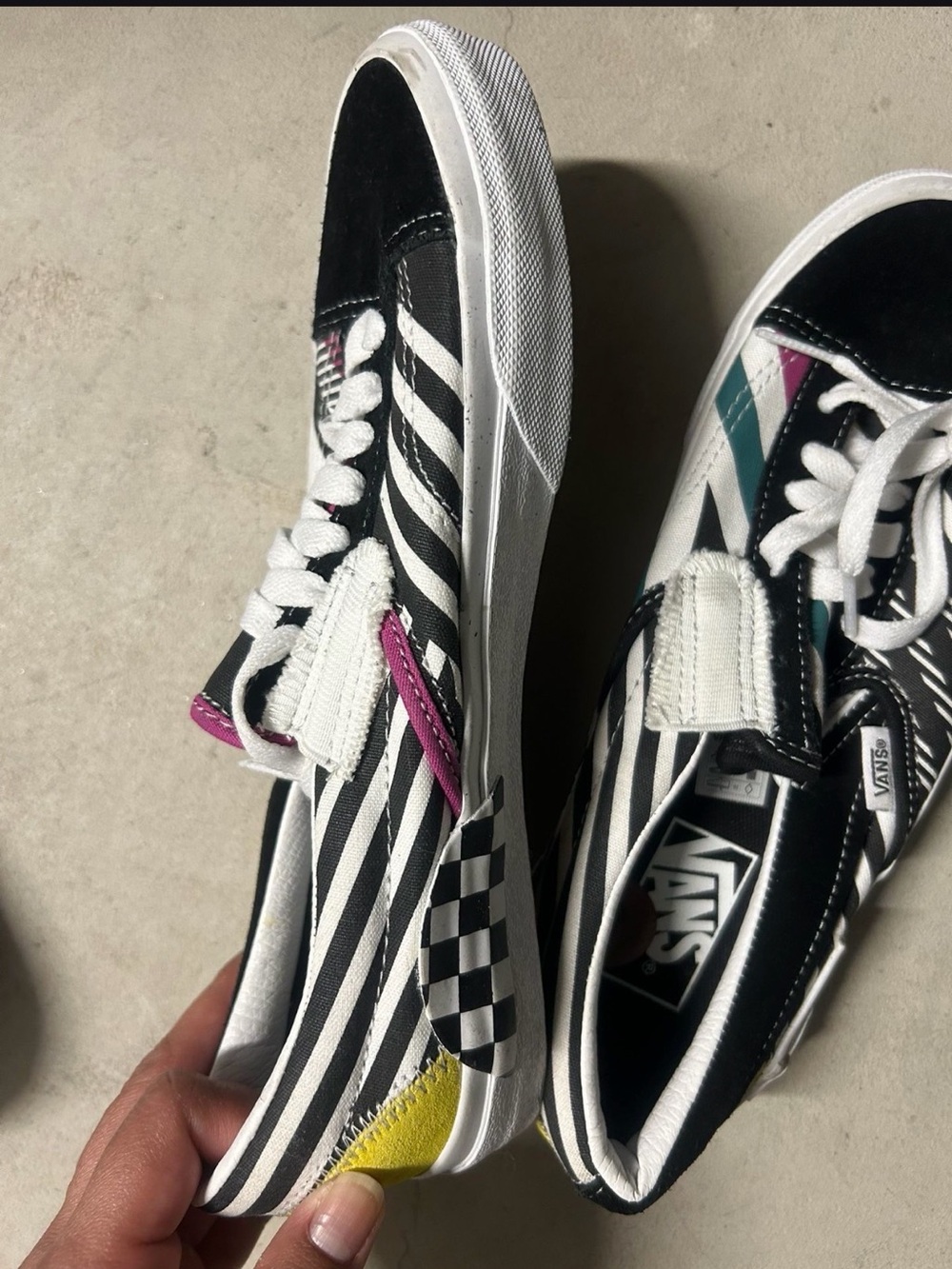 Vans Black and White Skate Shoes with Magenta Trim